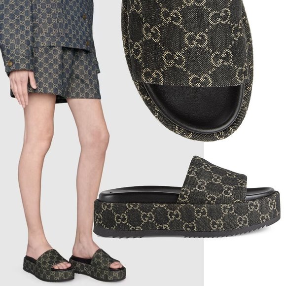 GUCCI SHOES ANGELINA GG SUPREME BLACK DENIM PLATFORM SLIDE sz 38.5 8.5 - Picture 1 of 16